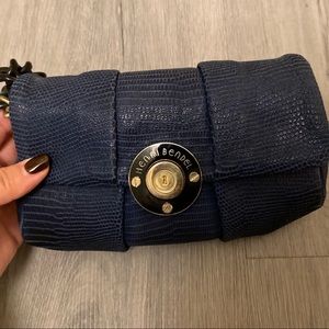 henri bendel Navy Textured Leather Clutch with Brass Turn-Lock